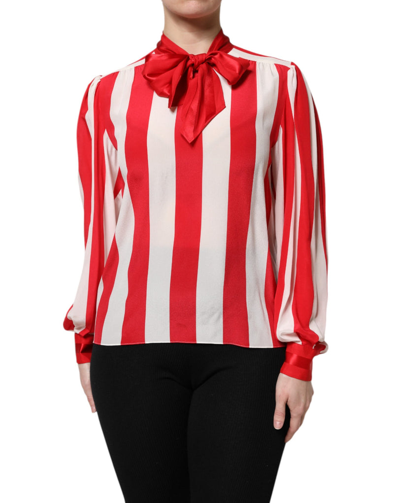 Dolce & Gabbana Blouse Top à Rayures Rouge et Blanche avec Col Ascot