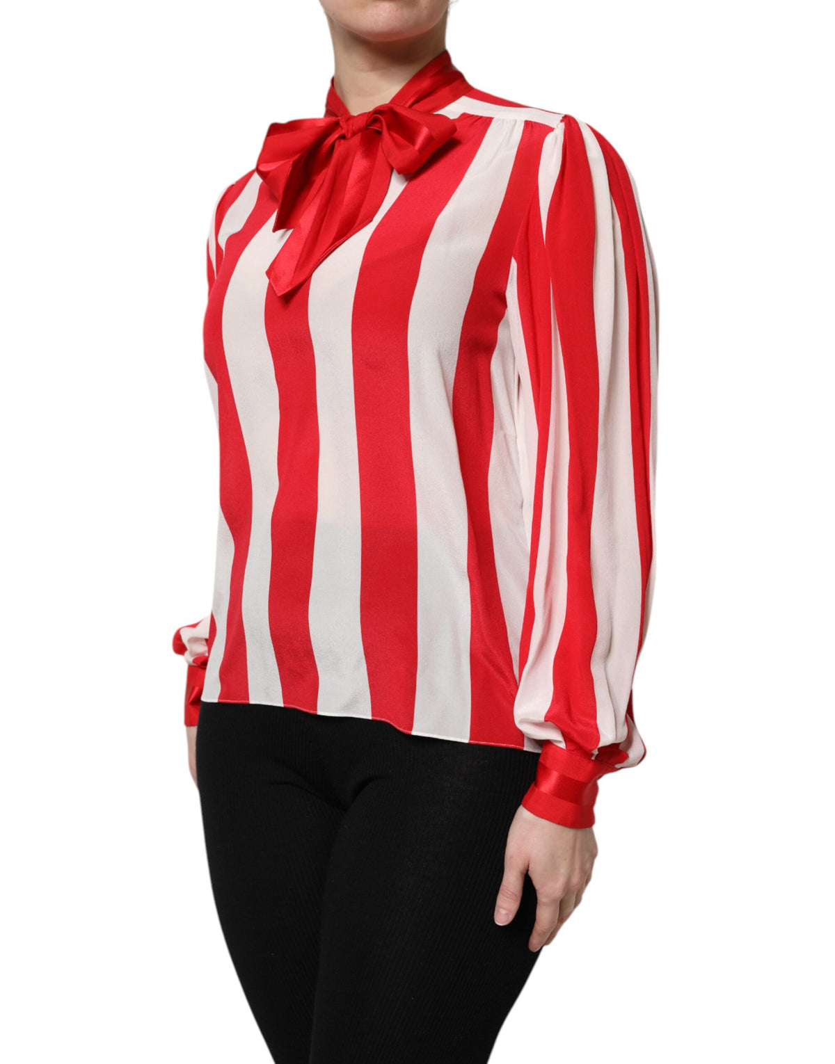 Dolce & Gabbana Blouse Top à Rayures Rouge et Blanche avec Col Ascot