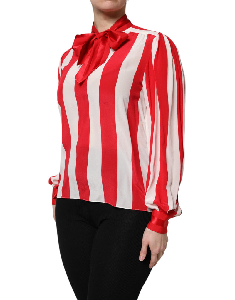 Dolce & Gabbana Blouse Top à Rayures Rouge et Blanche avec Col Ascot
