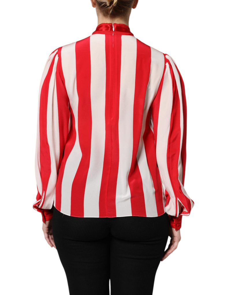 Dolce & Gabbana Blouse Top à Rayures Rouge et Blanche avec Col Ascot
