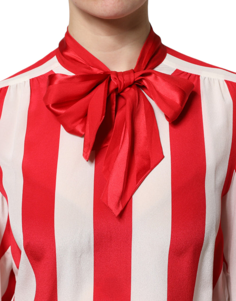 Dolce & Gabbana Blouse Top à Rayures Rouge et Blanche avec Col Ascot