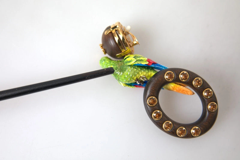 Dolce & Gabbana Multicolor Parrot Wood Brass Crystal Earrings