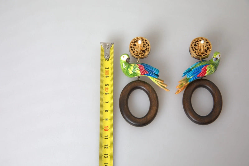Dolce & Gabbana Multicolor Parrot Wood Brass Crystal Earrings