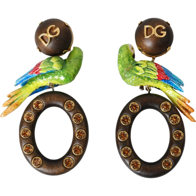 Dolce & Gabbana Multicolor Parrot Wood Brass Crystal Earrings