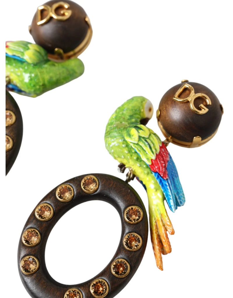 Dolce & Gabbana Multicolor Parrot Wood Brass Crystal Earrings
