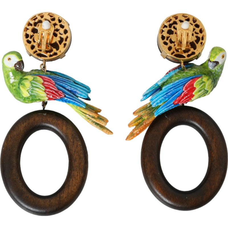 Dolce & Gabbana Multicolor Parrot Wood Brass Crystal Earrings