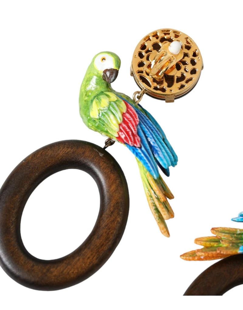 Dolce & Gabbana Multicolor Parrot Wood Brass Crystal Earrings