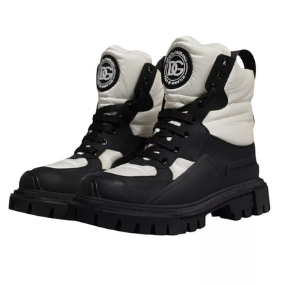 Dolce & Gabbana Black White Padded Mid Calf Lace Up Boots Shoes