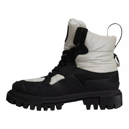 Dolce & Gabbana Black White Padded Mid Calf Lace Up Boots Shoes