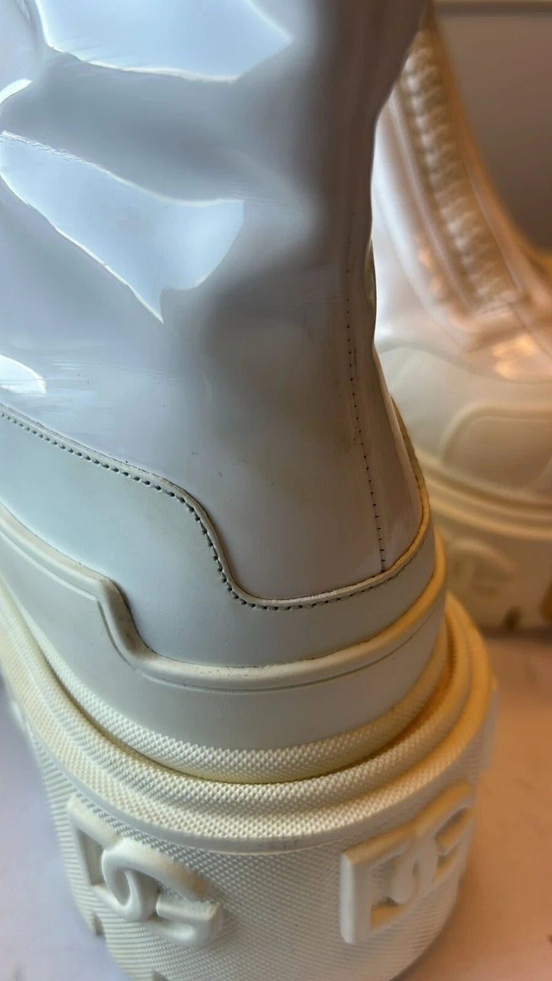 Dolce & Gabbana White Leather Rubber Logo Ankle Boots
