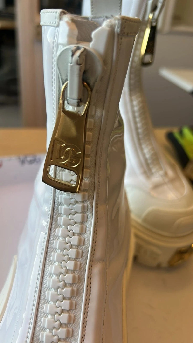 Dolce & Gabbana White Leather Rubber Logo Ankle Boots