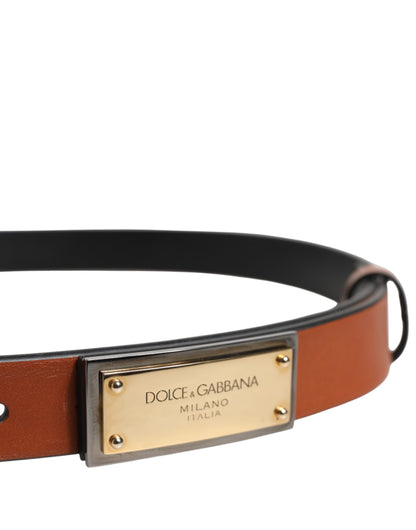 Dolce & Gabbana Bruine Leren Riem met Rechthoekige Gesp en Goudkleurige Gesp