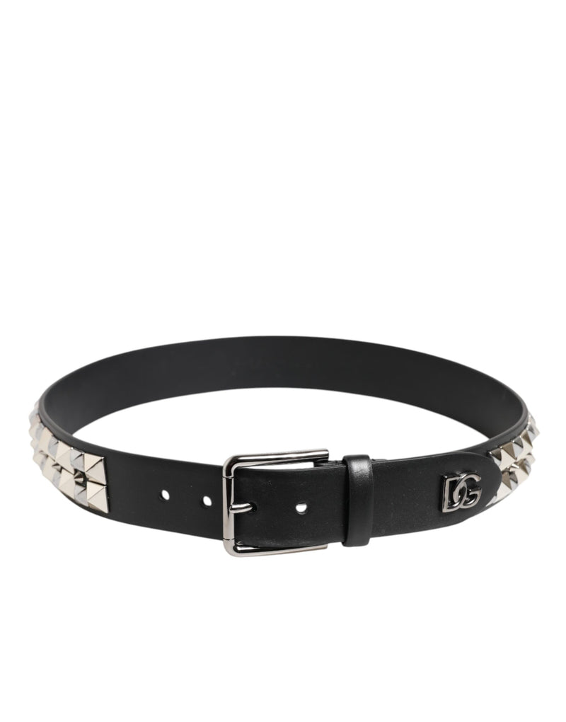 Dolce &amp; Gabbana Zwarte Kalfsleren Riem met Zilveren Gesp en Studs