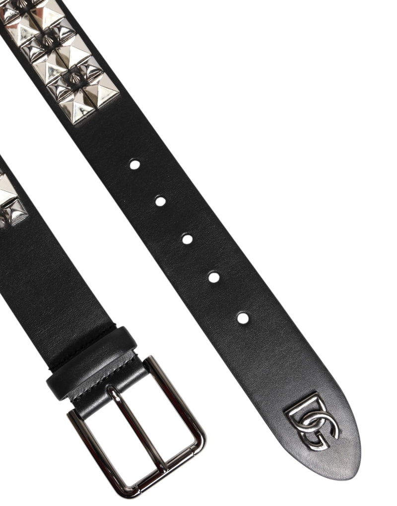 Dolce &amp; Gabbana Zwarte Kalfsleren Riem met Zilveren Gesp en Studs