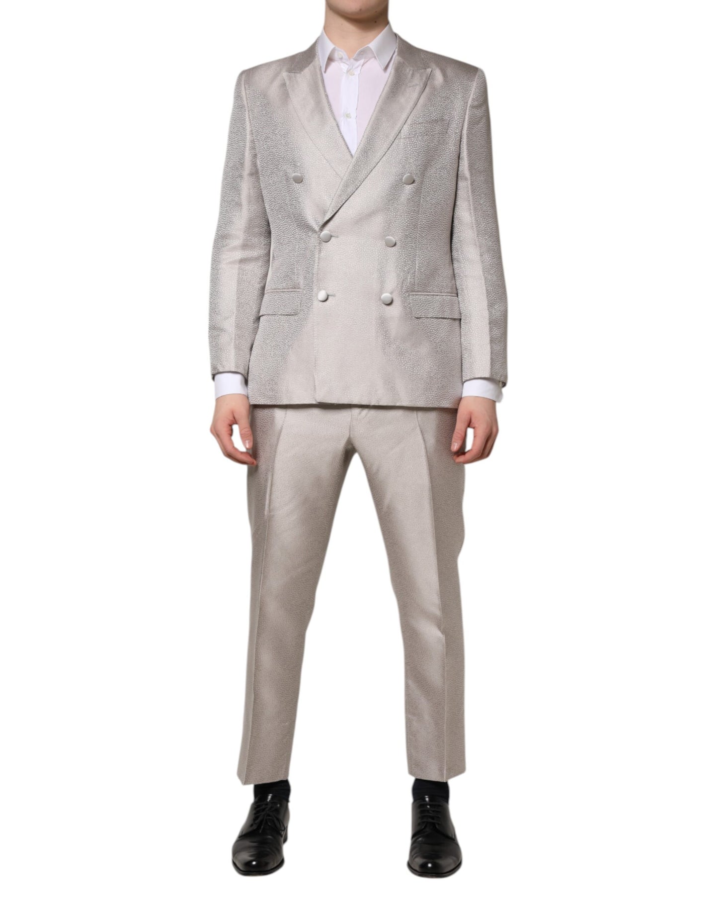 Dolce & Gabbana Light Gray Jacquard Silk Dotted 2 Piece Suit