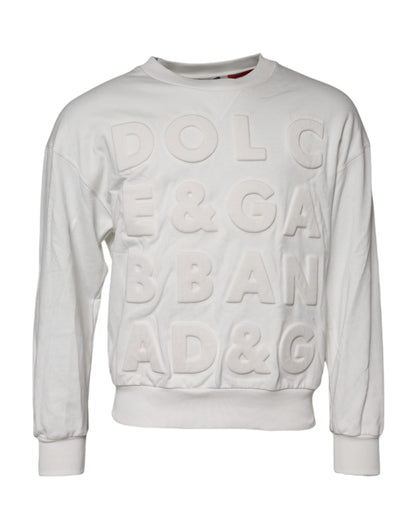 Dolce & Gabbana White Embossed Logo Cotton Crew Neck Sweater