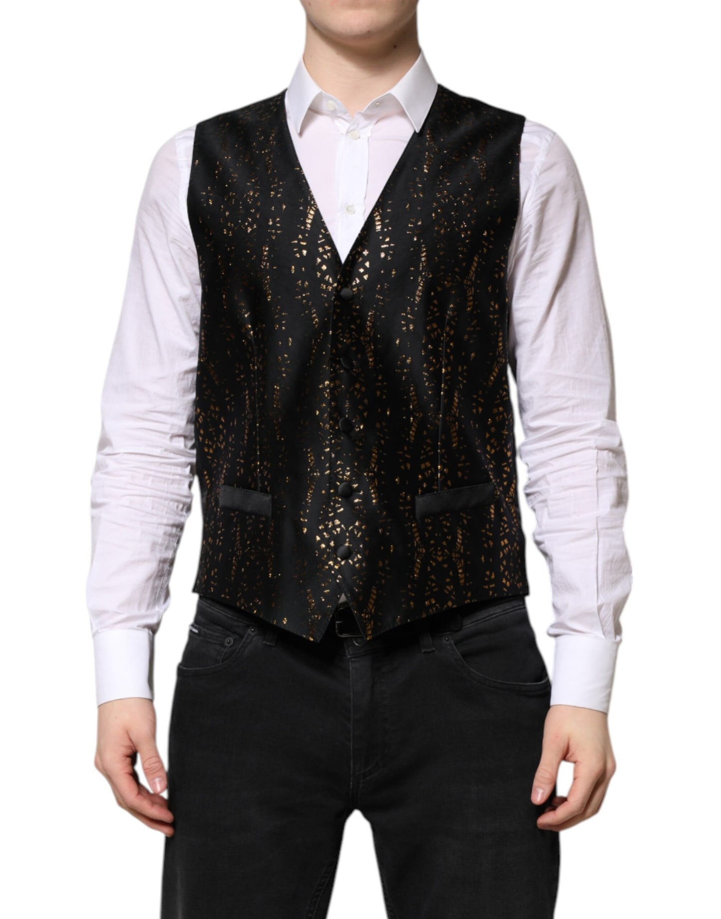 Dolce & Gabbana Black Lurex Dress Formal Men Waistcoat Vest