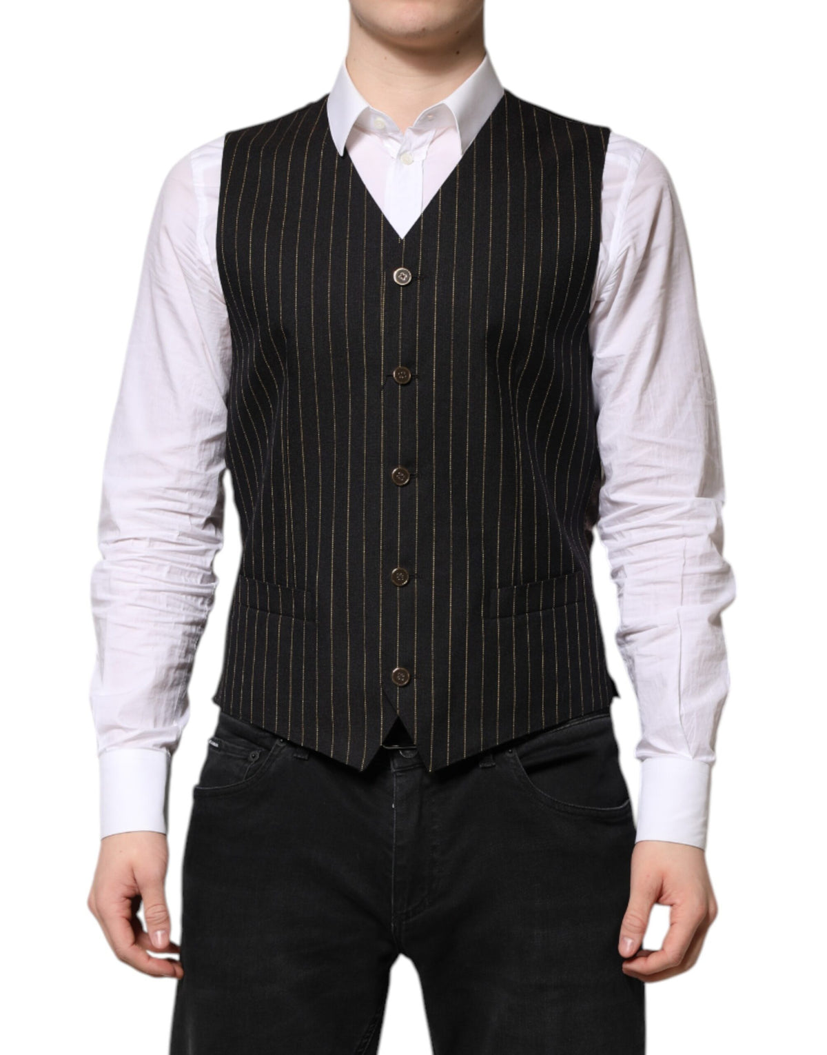 Dolce & Gabbana Black Stripes Wool Formal Waistcoat Vest for Men
