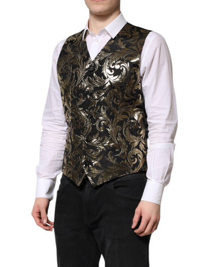Dolce & Gabbana Black Gold Jacquard Formal Men Waistcoat Vest