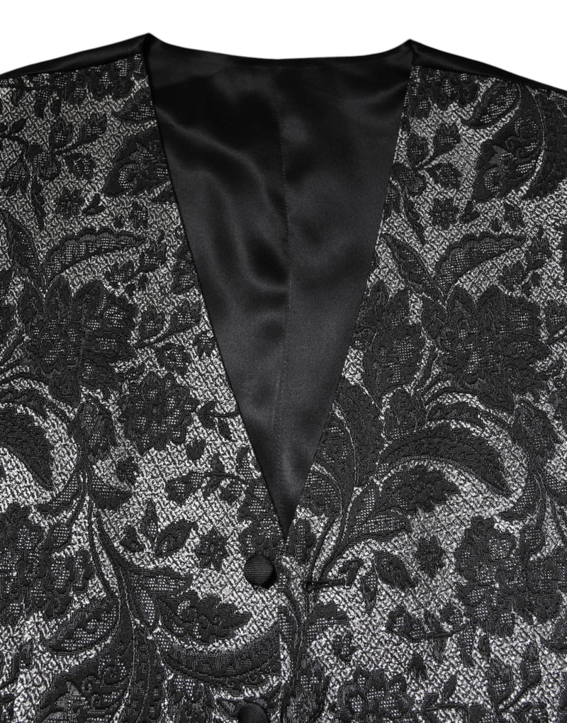 Dolce & Gabbana Black Gray Brocade Formal Men Waistcoat Vest