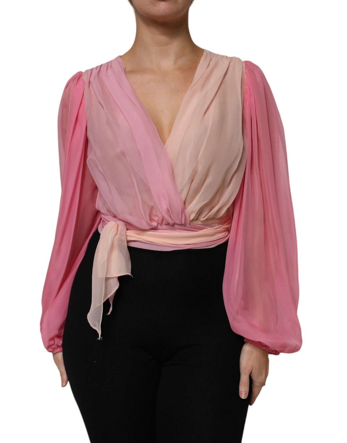 Dolce & Gabbana Blouse Top Rose à Col V Plongeant à Manches Longues