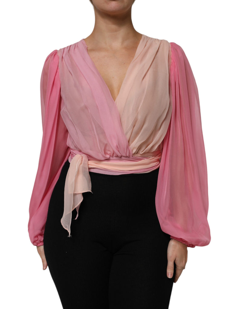 Dolce & Gabbana Blouse Top Rose à Col V Plongeant à Manches Longues