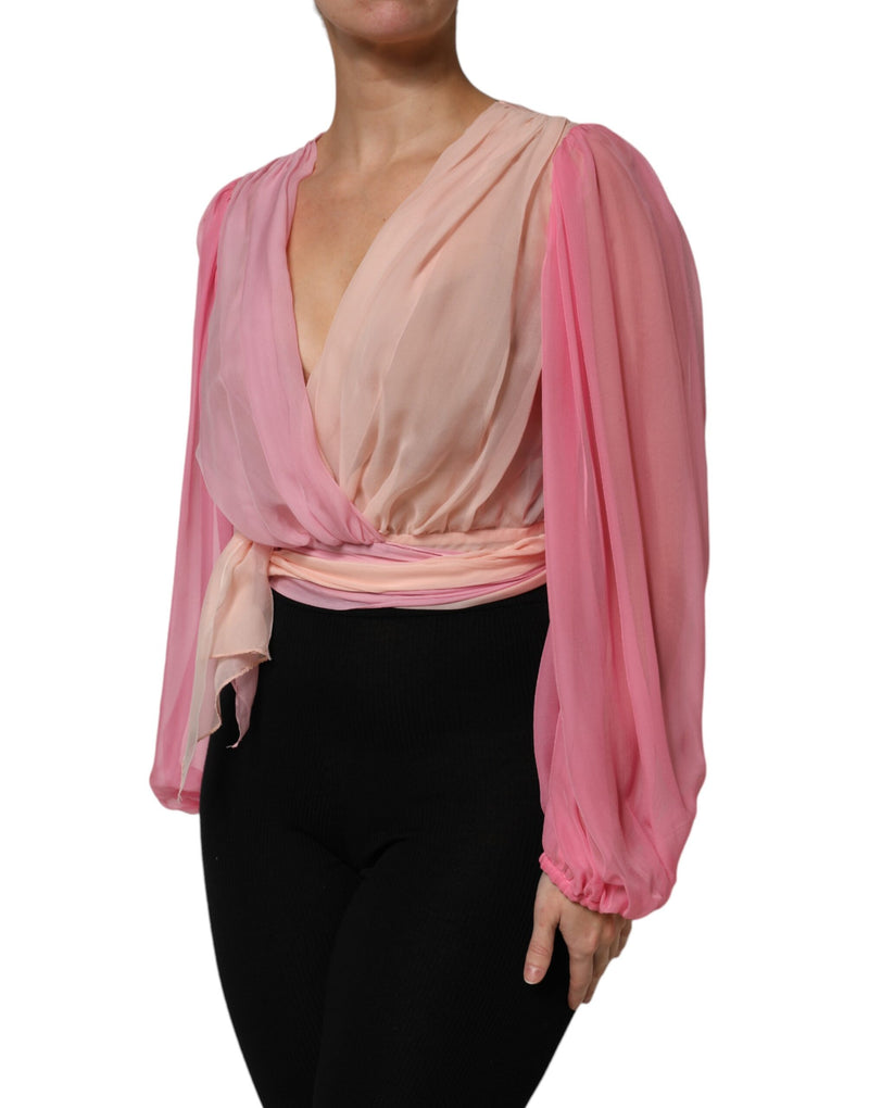 Dolce & Gabbana Blouse Top Rose à Col V Plongeant à Manches Longues