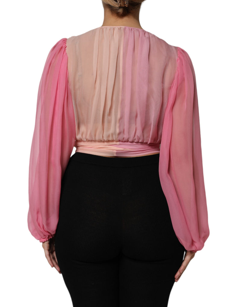 Dolce & Gabbana Blouse Top Rose à Col V Plongeant à Manches Longues