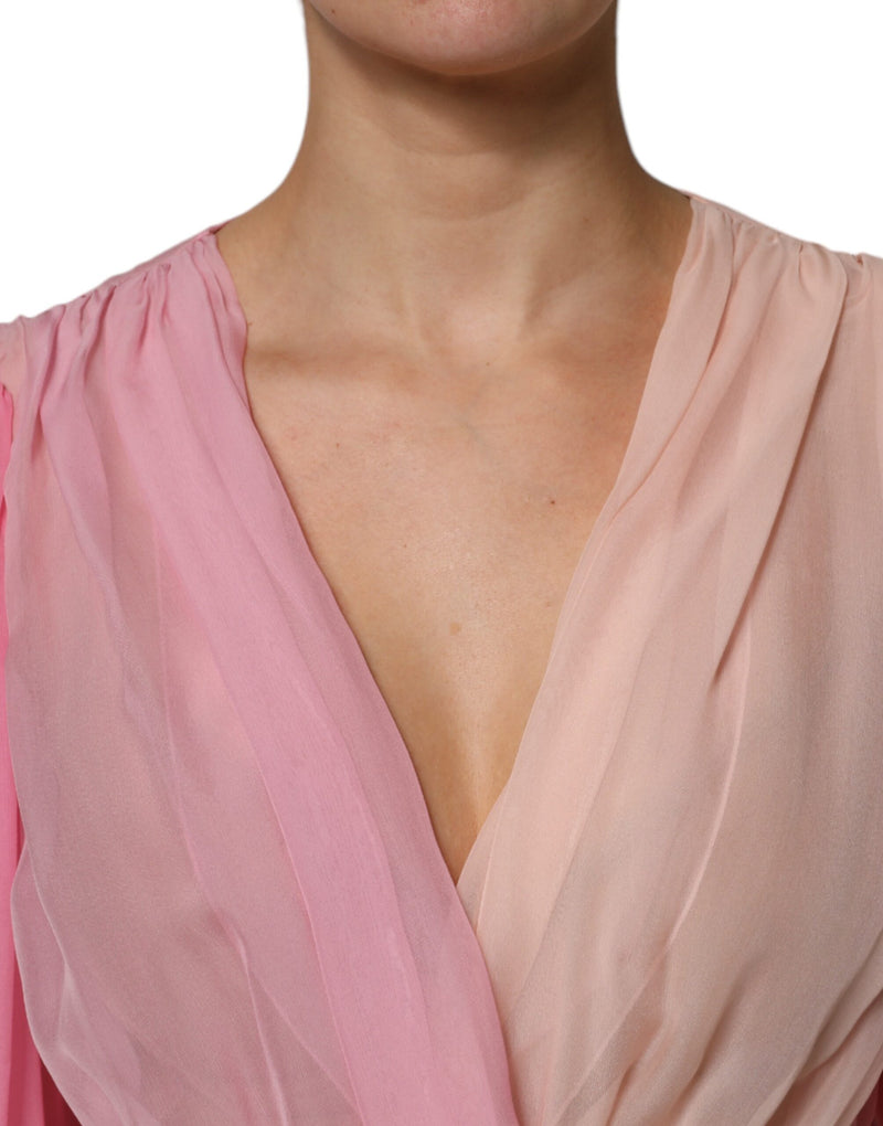 Dolce & Gabbana Blouse Top Rose à Col V Plongeant à Manches Longues