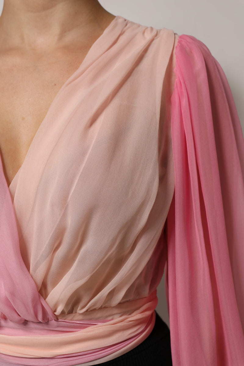 Dolce & Gabbana Blouse Top Rose à Col V Plongeant à Manches Longues