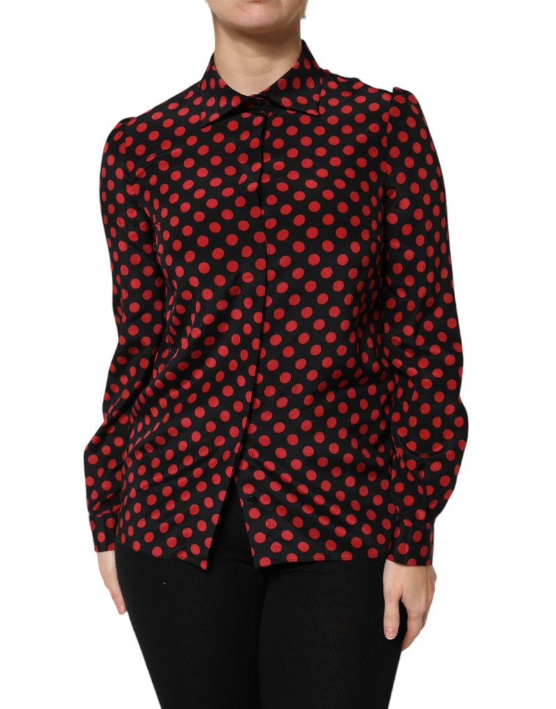 Dolce & Gabbana Top en Soie à Pois Noir et Rouge à Manches Longues