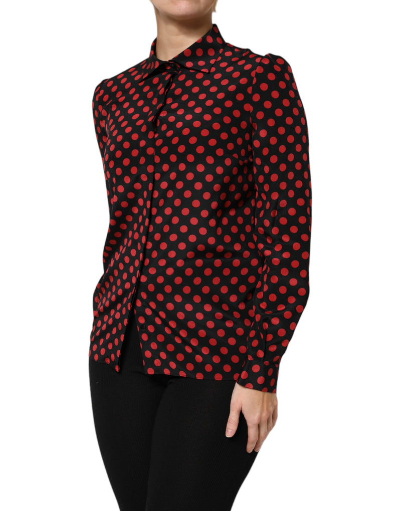 Dolce & Gabbana Top en Soie à Pois Noir et Rouge à Manches Longues