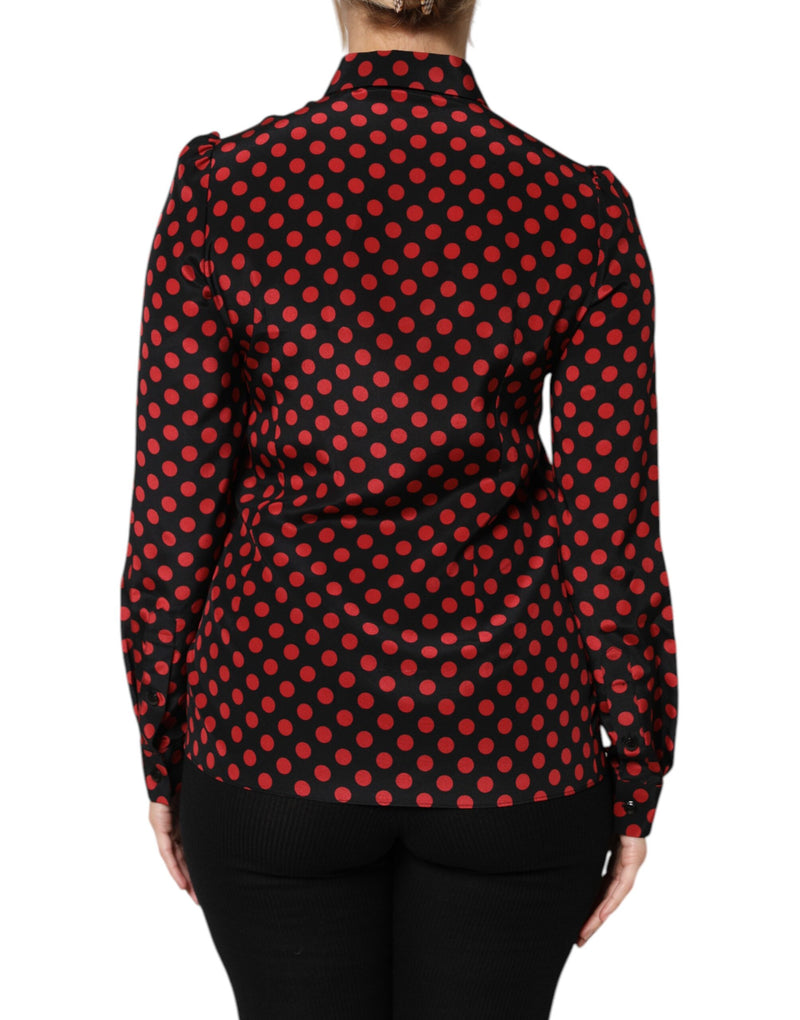 Dolce & Gabbana Top en Soie à Pois Noir et Rouge à Manches Longues