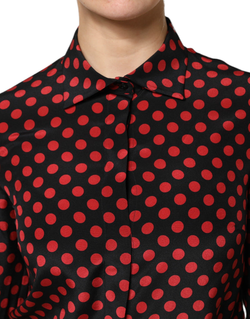 Dolce & Gabbana Top en Soie à Pois Noir et Rouge à Manches Longues
