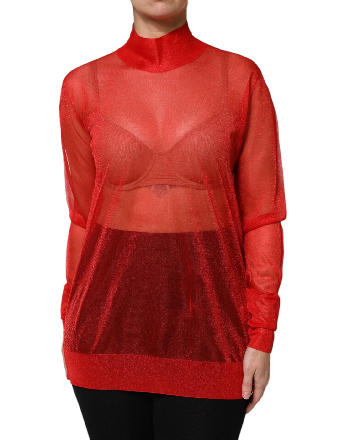Dolce & Gabbana Red Tulle Turtleneck Long Sleeve Blouse Top