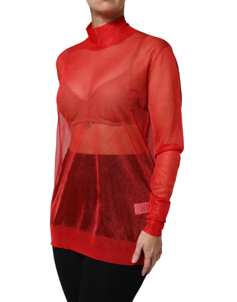 Dolce & Gabbana Red Tulle Turtleneck Long Sleeve Blouse