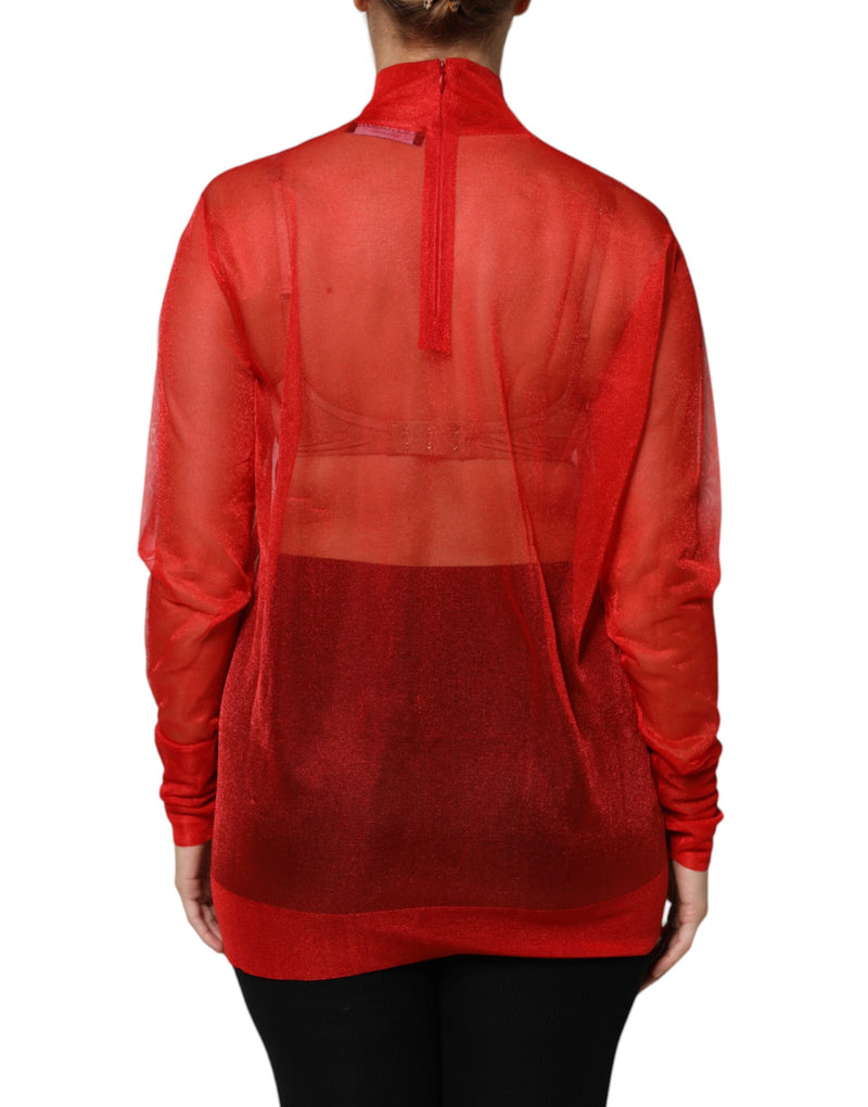Dolce & Gabbana Red Tulle Turtleneck Long Sleeve Blouse
