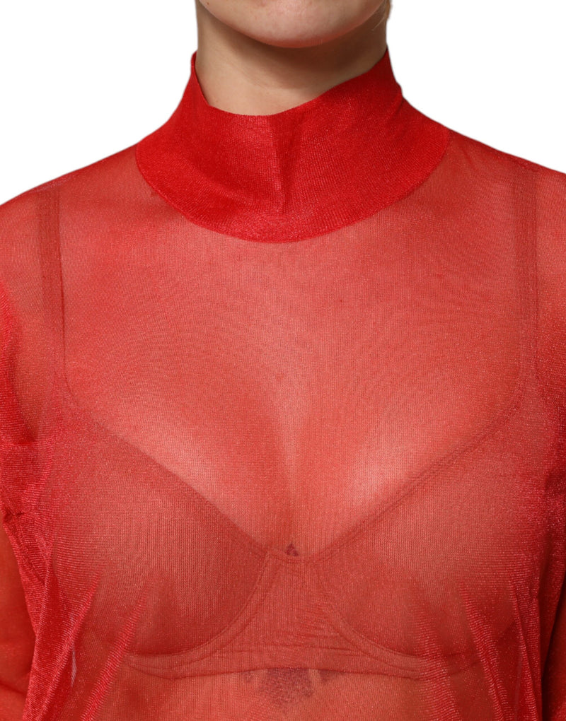 Dolce & Gabbana Red Tulle Turtleneck Long Sleeve Blouse