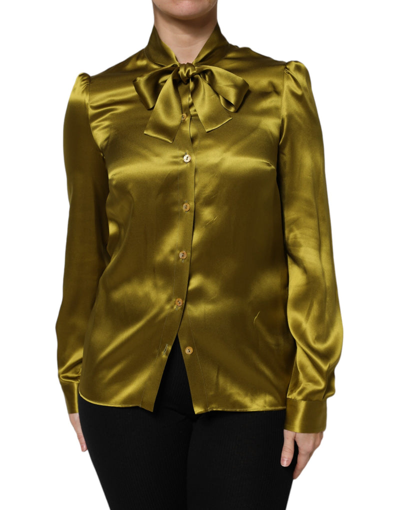 Dolce & Gabbana Blouse Top à Manches Longues en Soie Verte