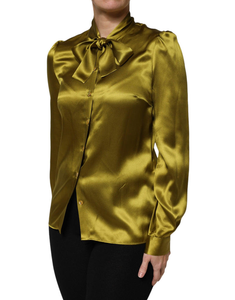 Dolce & Gabbana Blouse Top à Manches Longues en Soie Verte