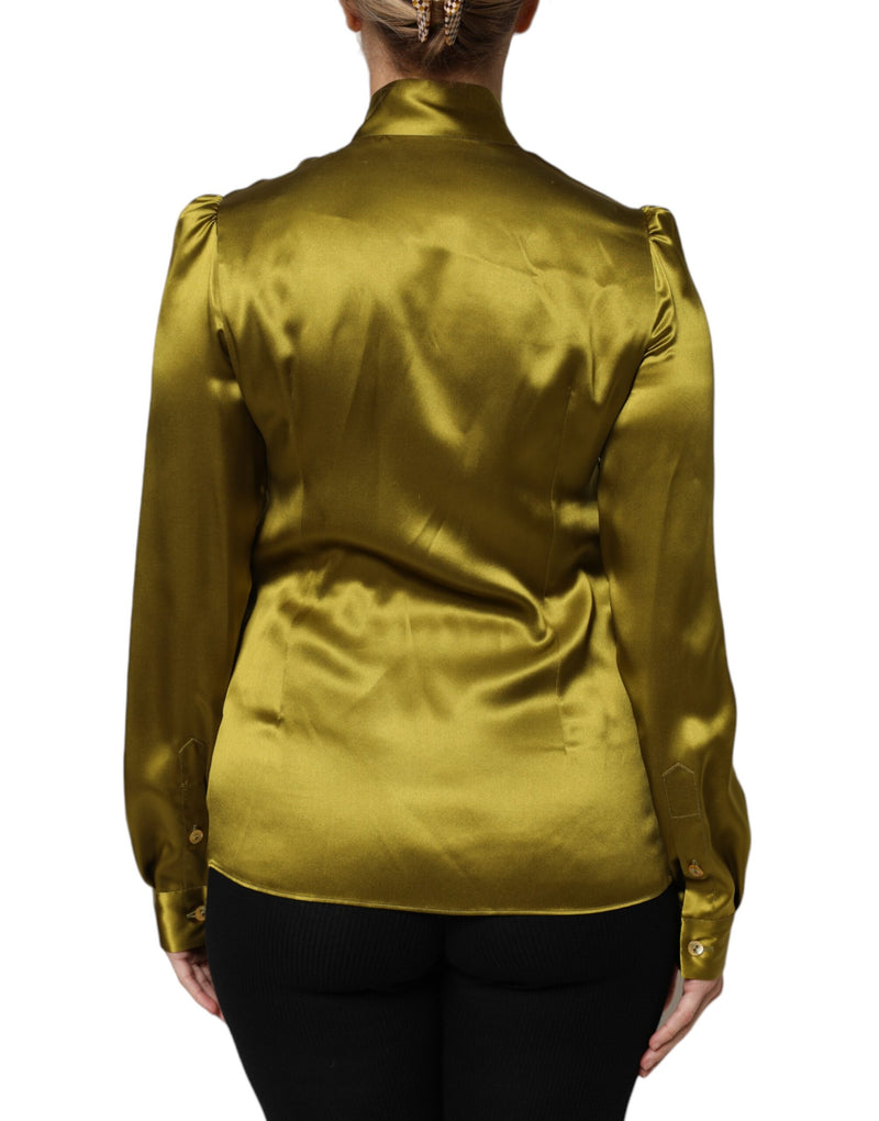 Dolce & Gabbana Blouse Top à Manches Longues en Soie Verte