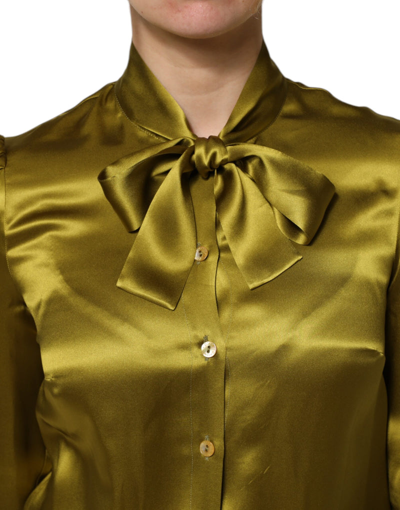 Dolce & Gabbana Blouse Top à Manches Longues en Soie Verte