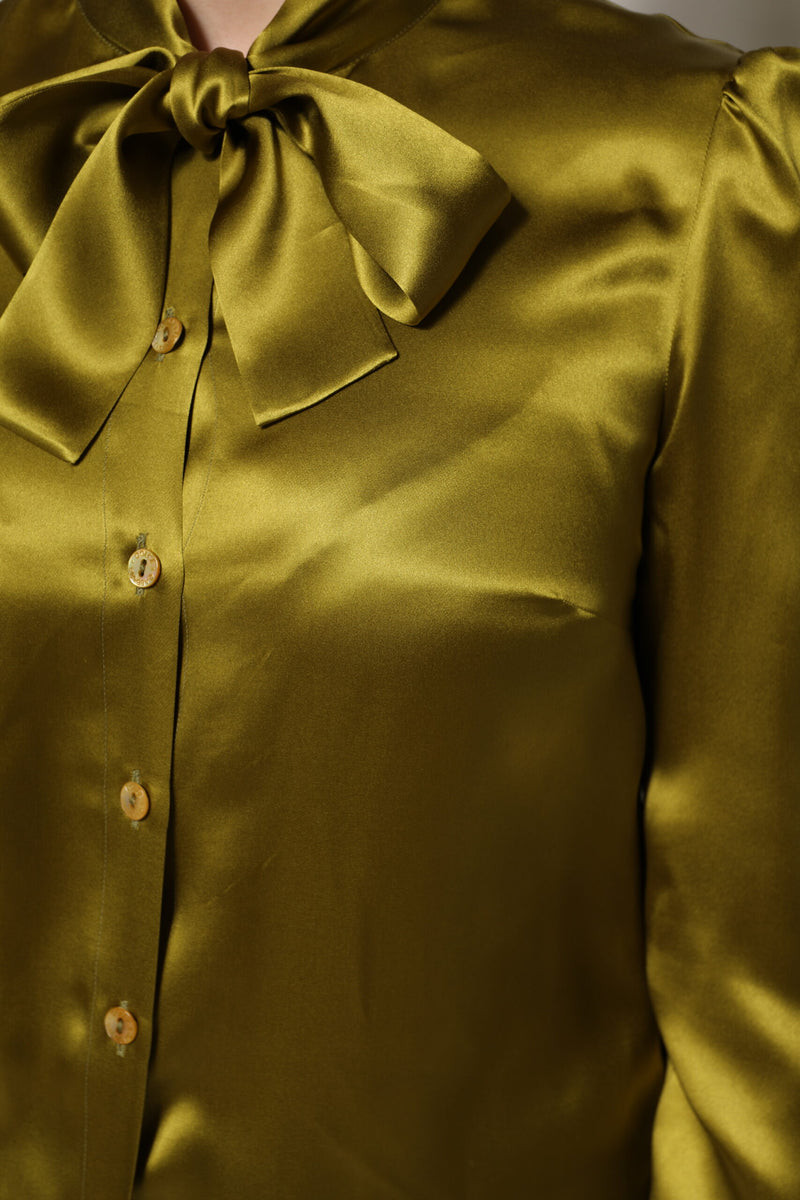 Dolce & Gabbana Blouse Top à Manches Longues en Soie Verte
