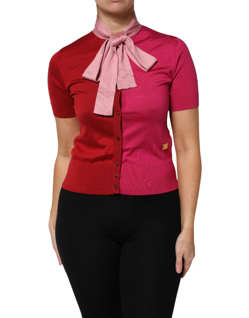 Dolce & Gabbana Top en Soie Rose à Manches Courtes avec Col Ascot