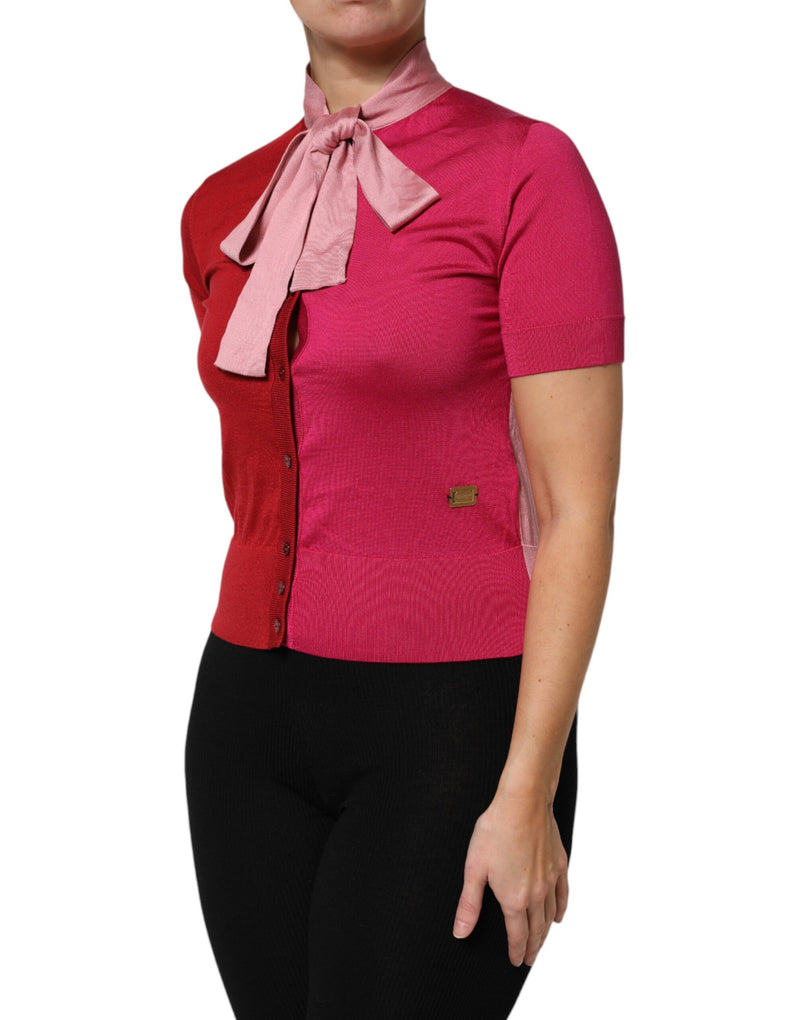 Dolce & Gabbana Top en Soie Rose à Manches Courtes avec Col Ascot