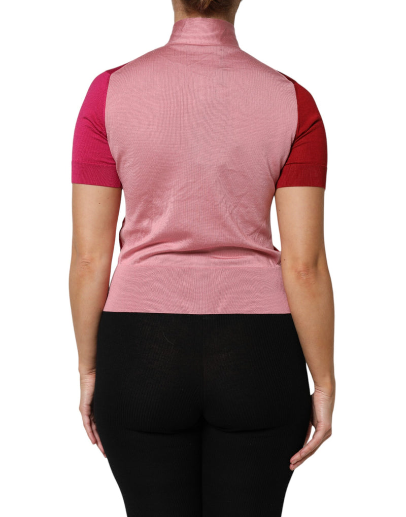 Dolce & Gabbana Top en Soie Rose à Manches Courtes avec Col Ascot