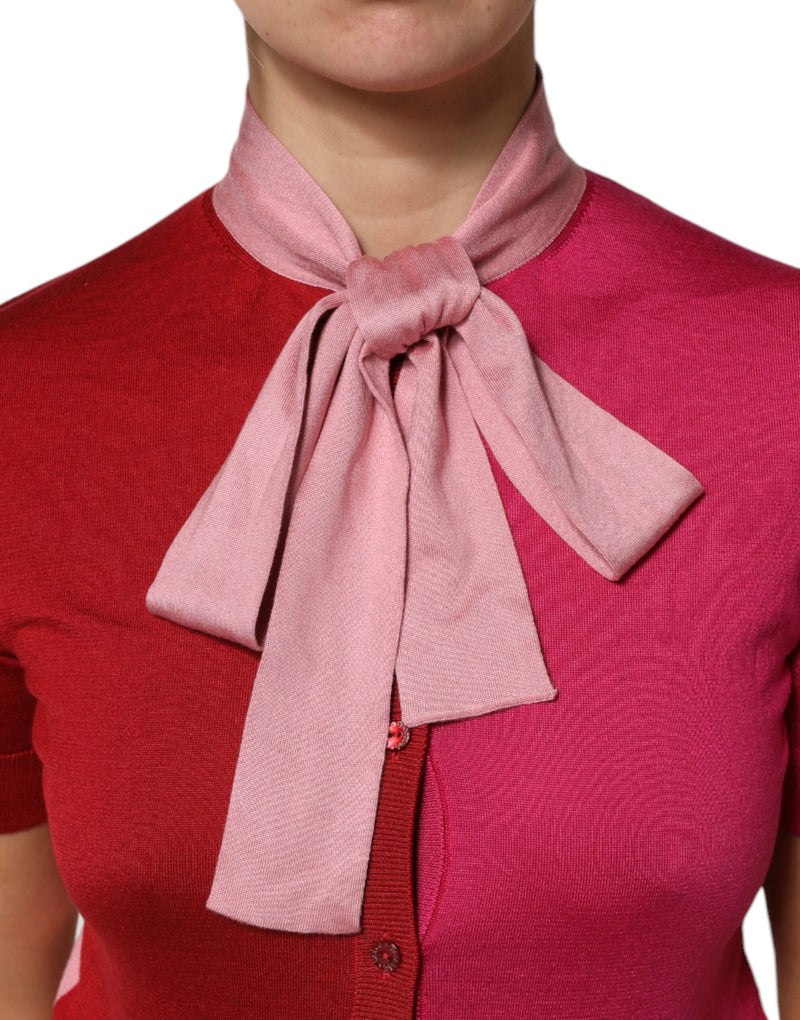 Dolce & Gabbana Top en Soie Rose à Manches Courtes avec Col Ascot