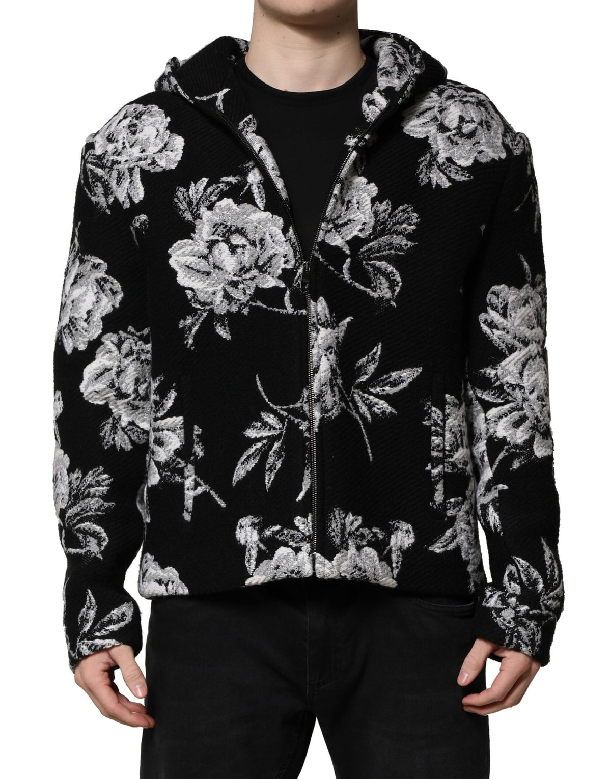 Veste à capuche pour homme en laine noire à imprimé floral de Dolce & Gabbana