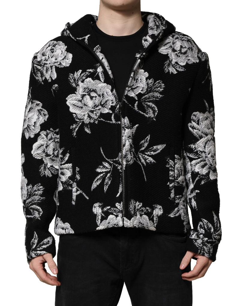 Veste à capuche pour homme en laine noire à imprimé floral de Dolce & Gabbana