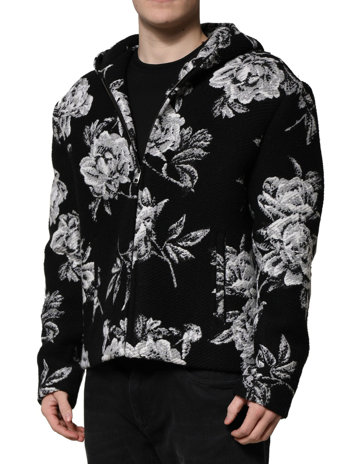 Veste à capuche pour homme en laine noire à imprimé floral de Dolce & Gabbana